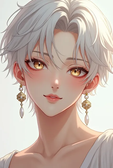 1 boy with cute face, poetic smile with peach blossom eyes, have a mole on the left under the corner of the eye, white hair can not hide white skin, petite body, adult, white and gold pair sparkling like stars at night with seductive lips 
