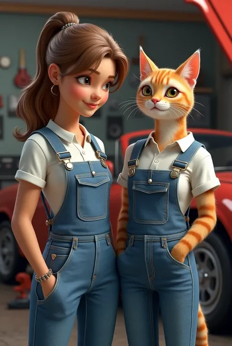 A mother and her cat wearing cool Decks overalls and servicing a car