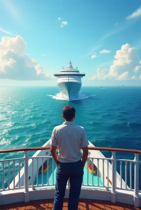 Background: Cruise ship. 
There is a Filipino Seafarer looking and the view is back 