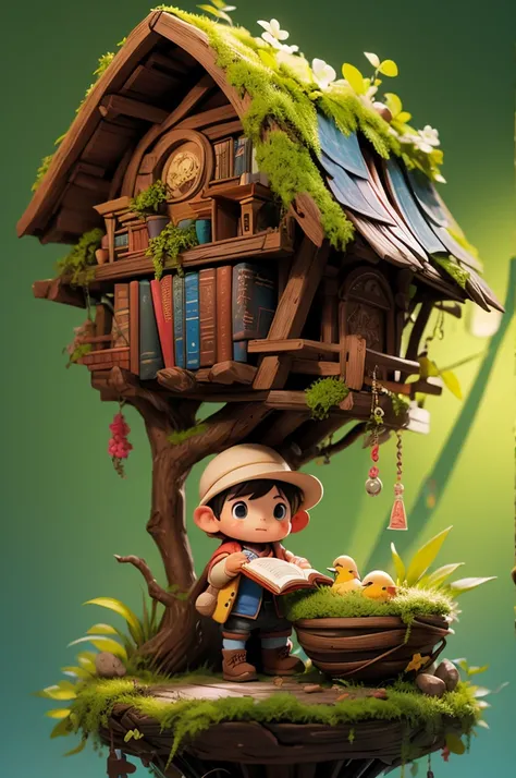 child takes a book from a magic library, the library is inside a birds nest, colorful