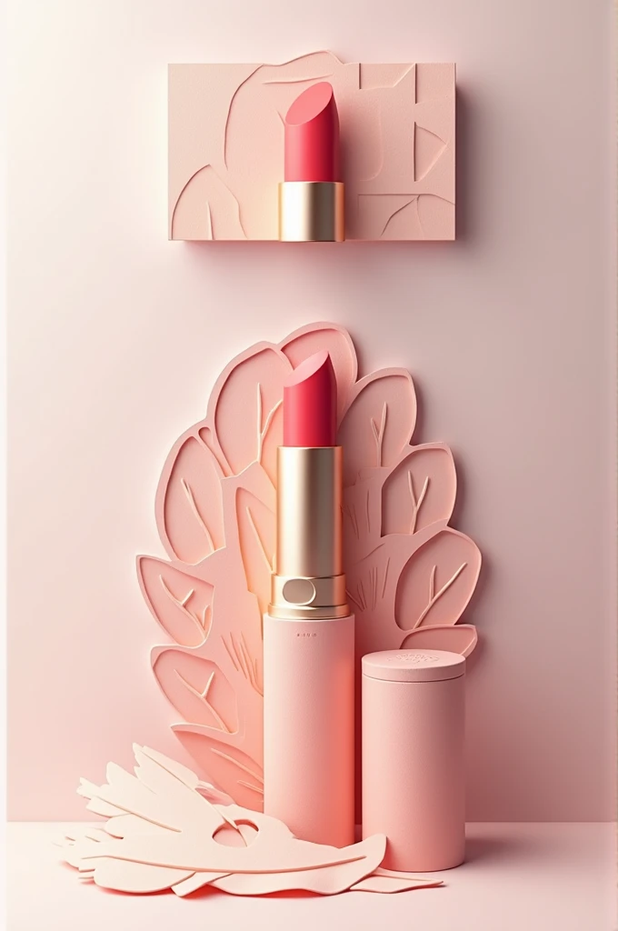 Make a die-cut of a lipstick first showing the sketch, then showing it with the final design, And finally, in another image, the packaging is already assembled with the lipstick at the same time. 