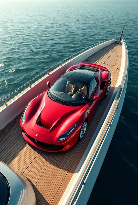 Red  Ferrari inside a yatch in the middle of the sea
Top view