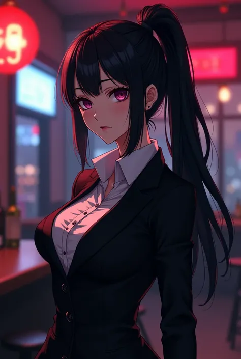 killer sexy girl anime killer in a bar in a strict suit black jacket white shirt hair in a high ponytail, large breasts