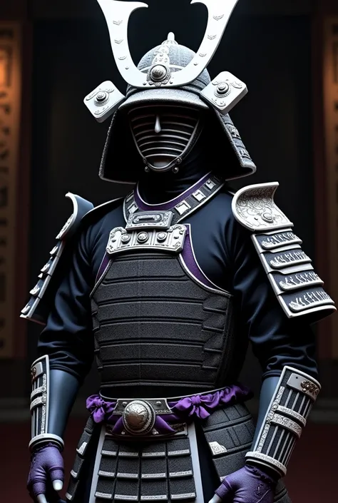 Black Japanese armor with white details with lots of white details lots of white and purple details