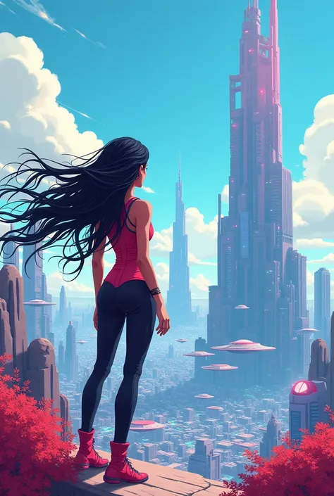 Cartoon of a woman looking at the landscape, with long hair and dressed in futurism