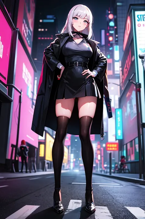 Anime girl standing on a city street wearing a leather skirt and black erotic underwear, Ilya Kuvshinov with long hair, Guviz style artwork, Anime Art Wallpaper 8K, Art Station「Pysif」Mr. Gwitz, ピシブArt Stationのグウィズ, Cyberpunk anime art