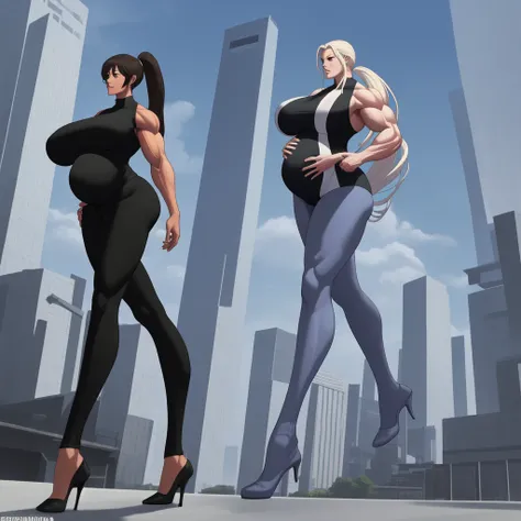 their towering figure reaching into the clouds like a moving skyscraper. yoga pants and jacket, pregnant, lesbian kiss, very long hair, high ponytail, stockings, huge breast, high heels, walking, huge hips. muscular arms, muscular legs. huge giantess. musc...