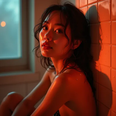  dynamic lighting,  surreal dramatic lighting shadow, vivid colors, indonesian girl, 8k, masterpiece, best quality, (lofi, analog), kodak film by Brandon Woelfel Ryan McGinley, highly detailed, sharp focus, texture detail, particle effect, HDR, In the bath...