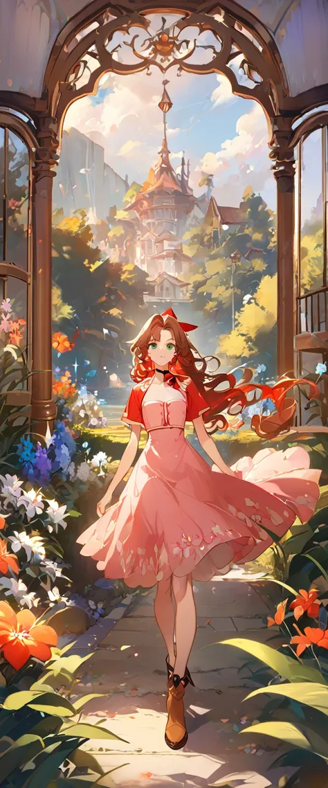 masterpiece, best quality, 8k, 4k, 1girl, aerith gainsborough, brown hair, high middle bang, longer side curly bang, long tight ...