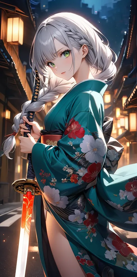 Ultra high resolution, rich colors, perfect image, top quality, detailed image, beautiful woman, glowing skin, texture of skin and clothes, delicate eyes, night road, kimono, holding a hidden sword, (((silver hair braided in one piece))), green eyes