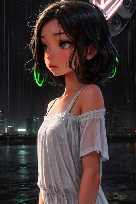 ultra-detailed, vibrant colors, soft natural lighting, fine art, bokeh effect. upper body, casual outfit, medium shot, big eyes, huge eyes, ((standing)), ((raining:1.4)), under the rain, ((gray colours:1.5)), ((at night)), ((dark atmosphere:1.5)), ((small ...