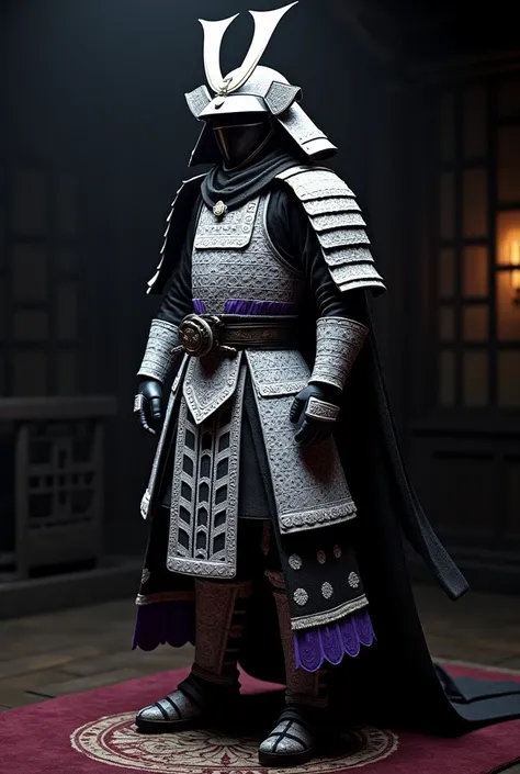 Black Japanese armor with white details with lots of white details lots of white and purple details