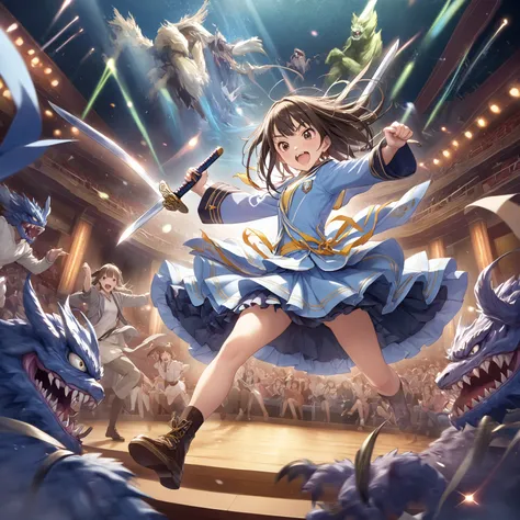 girl, high school student、theater, small breasts, fight monsters, holding a sword、get ready、fearless laugh