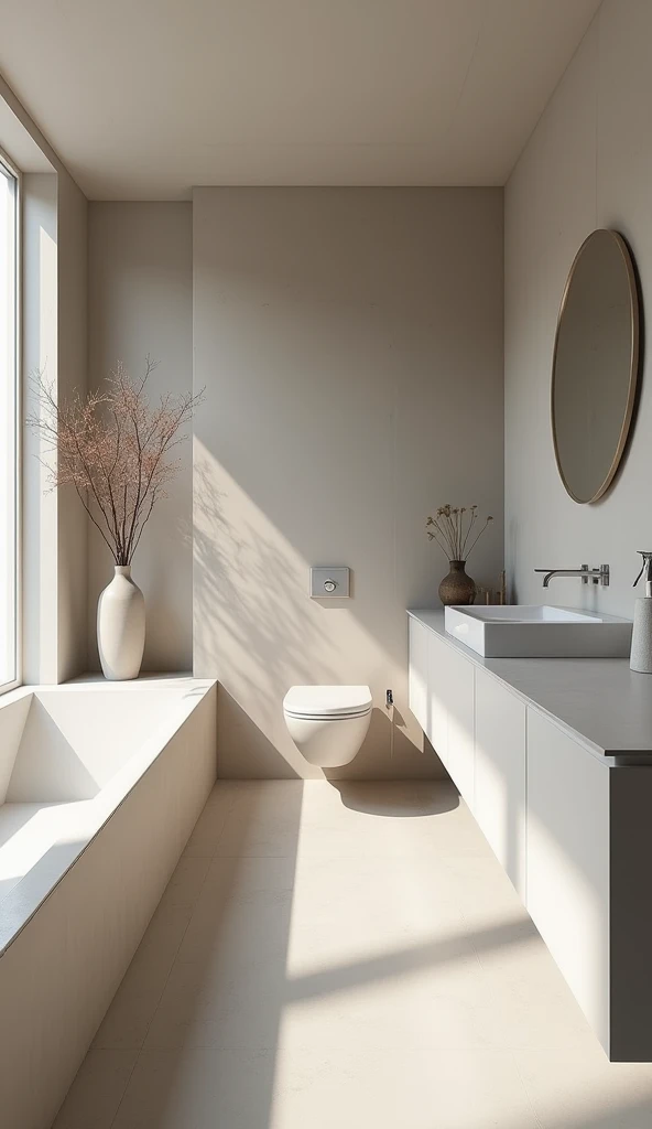 Minimalist bathroom eith microcement floor and wall