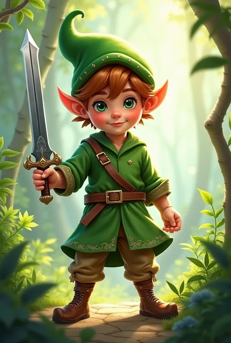 A boy in a green shirt, a skirt and a green elf hat, and a sword in his hand