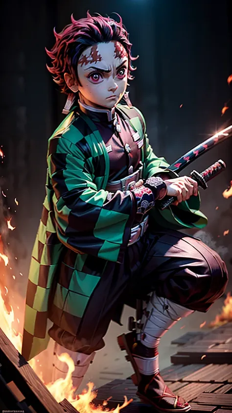 Kamado Tanjiro,(Kimetsu no yaiba),Full Style,super high quality,Ultra-high resolution,Photo 8k,Holding a sword,{{One boy,ultra detailed ,Demon Hunter Suit,Hino Kamikagura Engineering