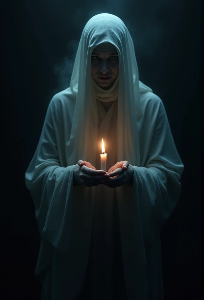 create a Dark Style image: The cover should evoke a dark atmosphere, disturbing and supernatural, with touches of mystery and suspense. elements of horror: A ghost holding a candle with both hands . The image must have a black background.