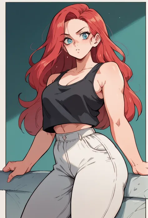 1 , Alone, long hair, red hair,high resolution, masterpiece, Anatomically correct, Necessary, high details, blue eyes, on the School, Black tank top , white pants,thick thighs 