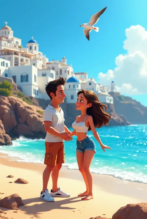 Animation, design. Do Chris Patt with Sofia Carson on a beach, in santorini, in Greece. Background azul e branco