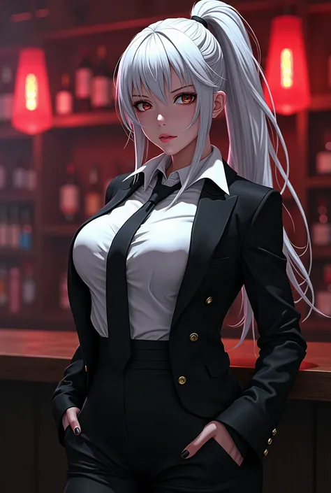 killer  girl anime killer in a bar in a strict suit black jacket white shirt hair in a high ponytail, large breasts white hair