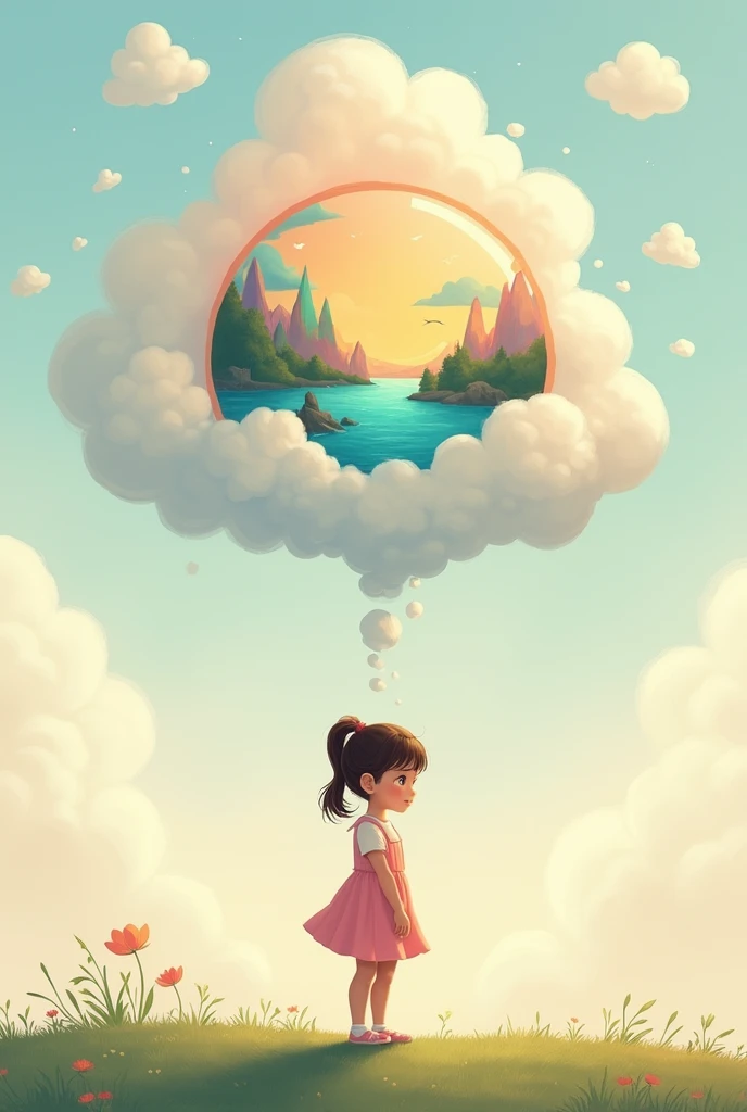 Draw a serene scene where a young girl is sitting or standing with a thoughtful expression. Above her head, create a large, fluffy cloud bubble that resembles a thought bubble. Inside the cloud bubble, illustrate whimsical or imaginative elements such as a...