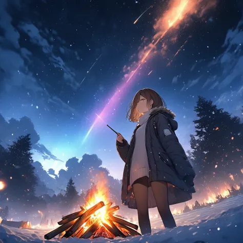 girl having a bonfire,stargazing,the girl is wearing winter clothes,very cold,winter,white breath comes out,brown hair,short bob...