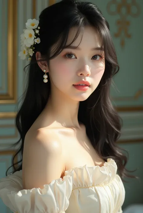 A young South Korean woman JANG WONYOUNG OF IVE SHOULD BE THE FACE OF WOMAN with fair and translucent skin, with delicate and soft features. Her face is framed by long, straight black hair that falls softly over her shoulders., with a light fringe that res...