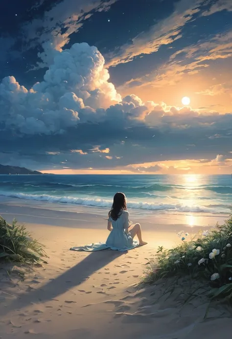 (A masterpiece of the highest quality:1.2)、A super detailed illustration，Perfectly shows the girl in the doomsday beach scenery。In the silence of the night、There is an atmosphere that is both sad and hopeful.。 that girl sits on the soft vegetation of the s...