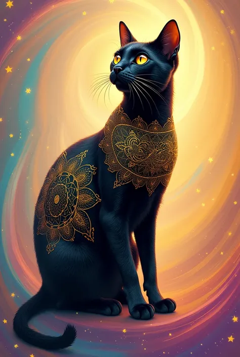 a black cat sitting on a light beige background. The cat should have intricate golden mandala patterns covering its fur. The background should have a vibrant rainbow gradient with stars and additional mandala elements. The overall style should be mystical ...