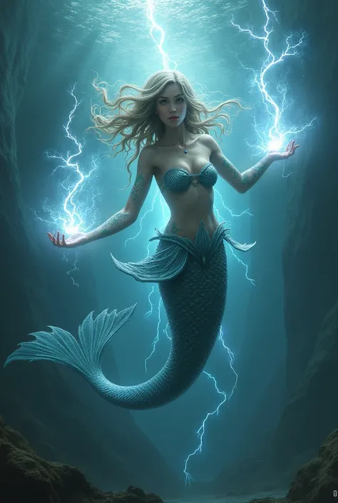  A mermaid with magic in her hands and eyes, releasing the lightning by the tail.