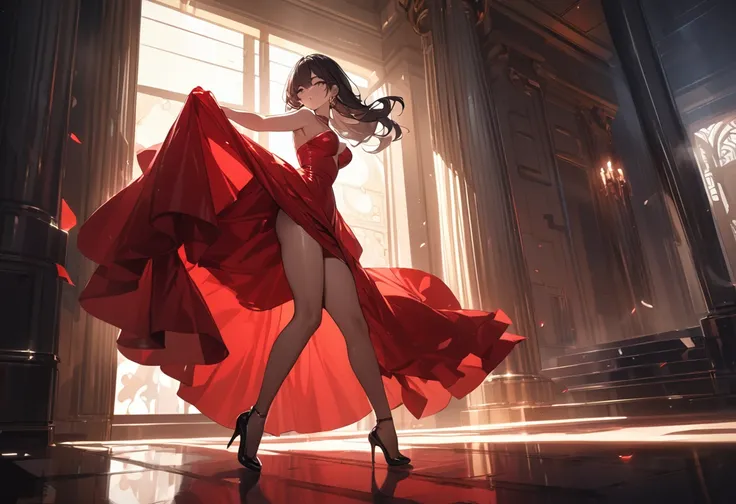 Top Quality, Masterpiece, Ultra High Definition, 1 Girl, Dark Hair, Glossy Skin, Dramatic Lighting, Full Body,, Red Dress, Colossal