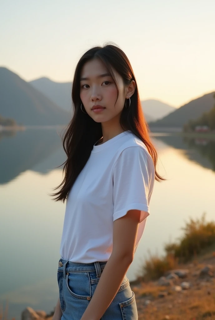 japanese girl, 18yo, short sleeved, slim fit white t-shirt, jeans, sneakers, longer hair , 160 cm, 48 kg weight, neutral expression, full body image, at lakeside, near mountains, autumn season, sunset, clear skies, 4k, ultra realistic, best quality