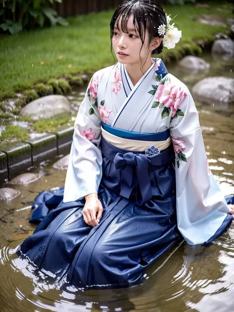 realistic, long hakama, floral kimono, furisode, wet clothes sticking to the skin, fabric sticking to the skin, visible outline, clothes with a wet texture, completely wet clothes, clothes that change color when wet, rain, getting rained on, woman submerge...