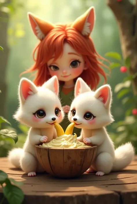 Baby Albino Raccoon, Baby Albino Fox,  eating bananashake out of a wodden bowl. Red hair girl woth fox tail and raccoon ears watchin 