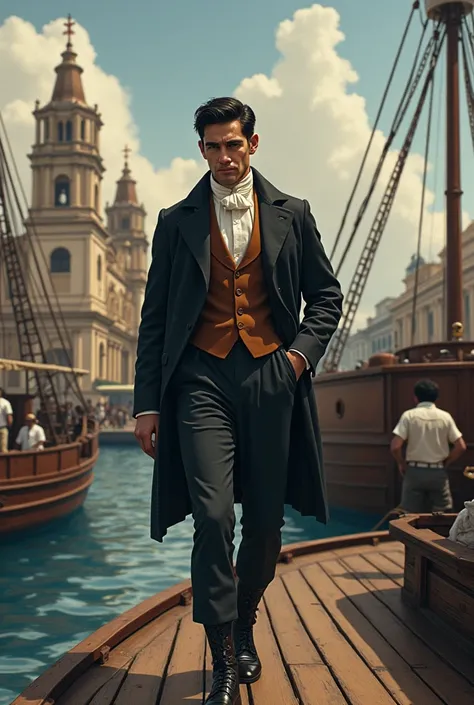 Crisostomo Ibarra stepping off a boat, dressed in European attire, with Manila’s colonial architecture in the background.