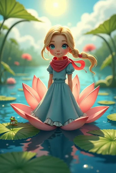 In a huge water lily flower stands a charming , излучающая уверенность и grace, which you rarely see at such a young age. Her blonde hair is pulled back into a braid., a bright red scarf on the head, which adds charm and charisma to her. Her bright, pierci...