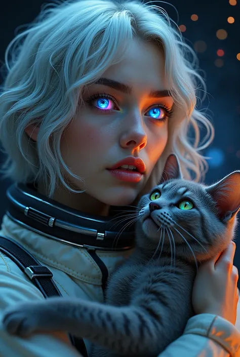 (A close-up of a better masterpiece:1.5)0.9], (Space and astronauts:1.2) (Messy silver hair:1.1) (Heterochromia xanthochromia and blue eyes:1.2) (Raumhelm:1.0) (Colored stars in the eyes:1.0) (A radiant shine:1.1) (full lips:0.9) (with a grey cat in her ar...