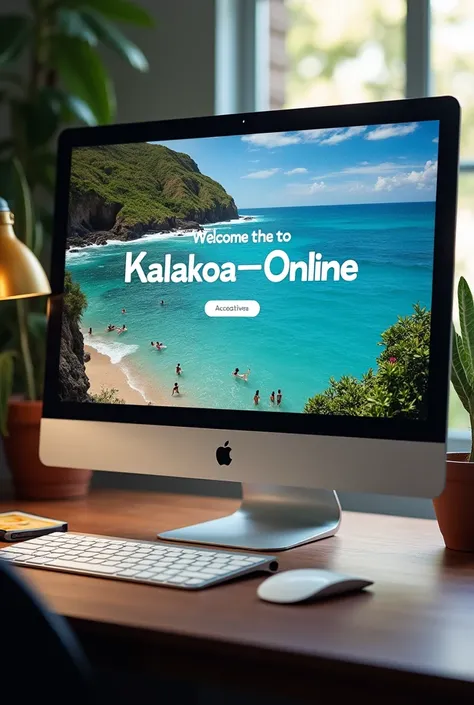 Écris Kalakoa-Online sur une plateforme de voyage avec un message de bienvenue sur le bureau de l’écran d’un ordinateur sur lequel on peut apercevoir les photos de la mer et des personnes qui profitent des vacances 