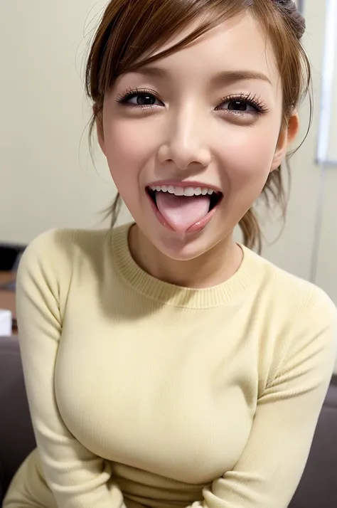 cheerful face,face focus,opening mouth widely,excessive cum in open mouth,penis on mouth,happy,at office,cream sweater,dishevele...