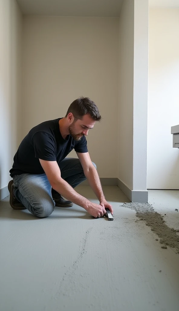 Empty bathroom and a worker with black t-shirt laying with trowel the floor with microcement view in back