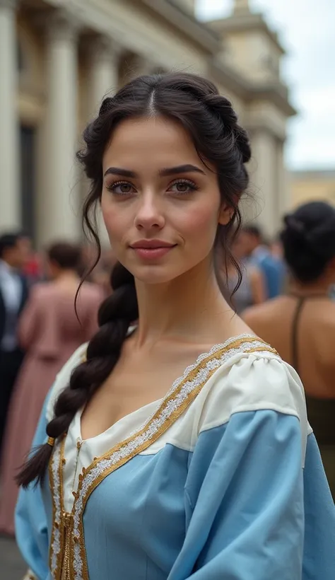 1girl, beautiful detailed eyes, beautiful detailed lips, extremely detailed eyes and face, long eyelashes, argentine woman, detailed face, lady, historical dress, full body, she has big breasts, she is outside the Cabildo in Argentina, two braids, a histor...