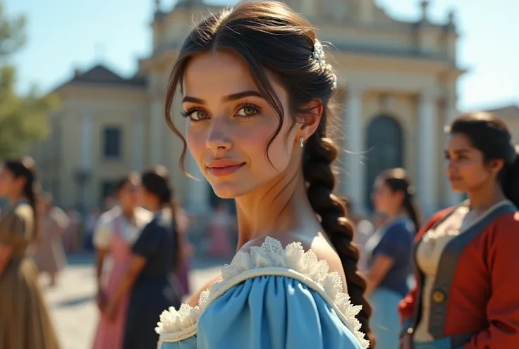 1girl, beautiful detailed eyes, beautiful detailed lips, extremely detailed eyes and face, long eyelashes, argentine woman, detailed face, lady, historical dress, full body, she has big breasts, she is outside the Cabildo in Argentina, two braids, a histor...