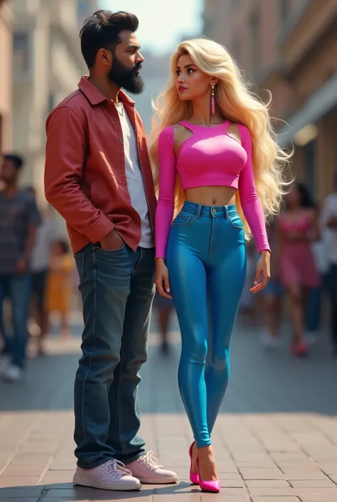 Daughter faced twelve year old pink blonde hair barbie bimbo school girl massive breast booty flaunts curves in extremely skin tight pink full sleeves tshirt and blue jeggings. Shiny pink high heels.long earrings.with her boyfriend tall dark black man who ...