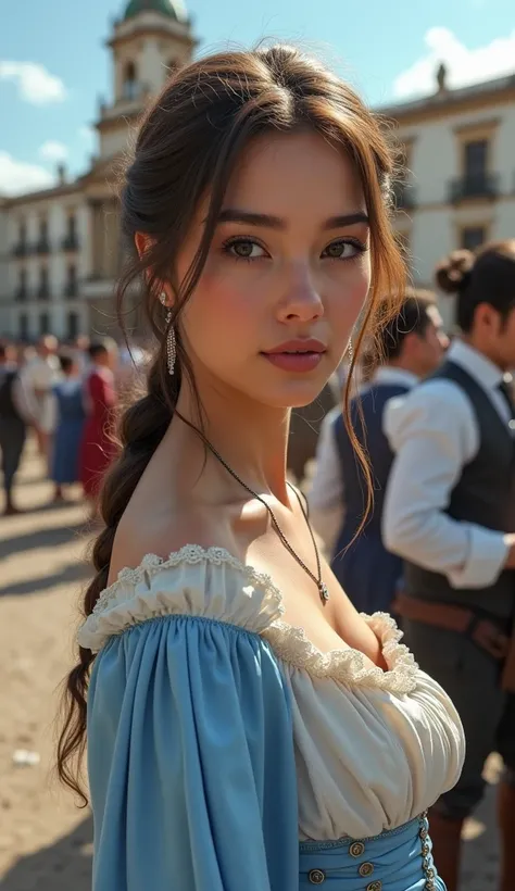 1girl, beautiful detailed eyes, beautiful detailed lips, extremely detailed eyes and face, long eyelashes, argentine woman, detailed face, lady, historical dress, full body, she has big breasts, she is outside the Cabildo in Argentina, two braids, a histor...