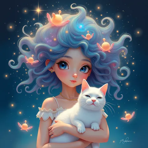 A girl holding a white cat, her hair made up of nebulae and galaxies, ethereal James Jean and Artie Galan style oil paintings, glowing creatures, starry night sky backgrounds, pastel colors, animated aesthetics, mysterious romantic atmospheres.
