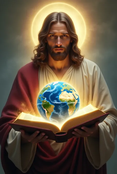 image de jesus tenu la Bible ouverte avec la planète terre la bible, je veux une image lumineuse 