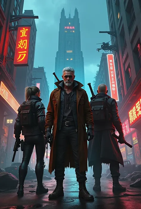 a picture mixed with characters and themes from arthur morgan, cyberpunk V, geralt of rivia, escape from tarkov