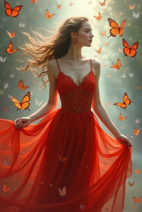 A lady in red with butterflies around her like shes a fairy of some sort.