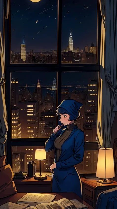 pen and ink, illustrated by hergé, a lonely woman inside her cramped and messy NYC apartment with big windows overlooking the city at night. Sadness, stunning color scheme, masterpiece