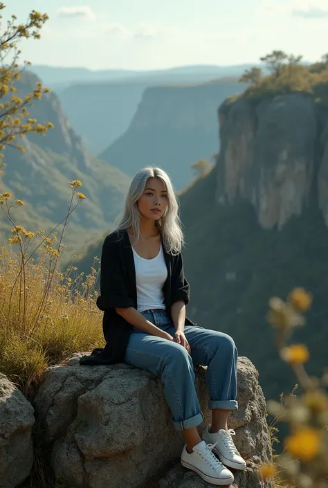 A beautiful woman ,long straight hair gray color ,wearing a white t-shirt ,black shirt outside ,wearing loose jeans ,White sneakers are sitting on a rock on the edge of a cliff overgrown with wild grass and allamanda flowers